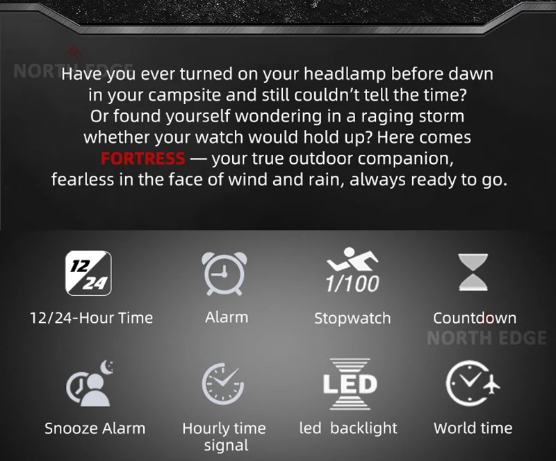 NORTH EDGE FORTRESS 2026 Men Digital Watch Outdoor Sports Waterproof 50M Watches World Time Countdown Electronic LED Wristwatch