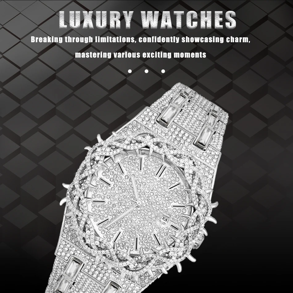 Luxury Full Diamond Men's Quartz Watch Thorn Bracelet Hip Hop Style Date Display with Luminous Function Men Business Wristwatch