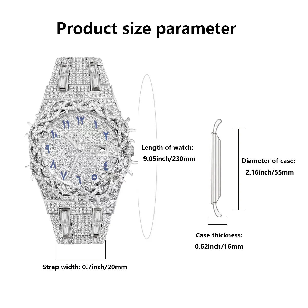 Luxury Full Diamond Men's Quartz Watch Thorn Bracelet Hip Hop Style Date Display with Luminous Function Men Business Wristwatch