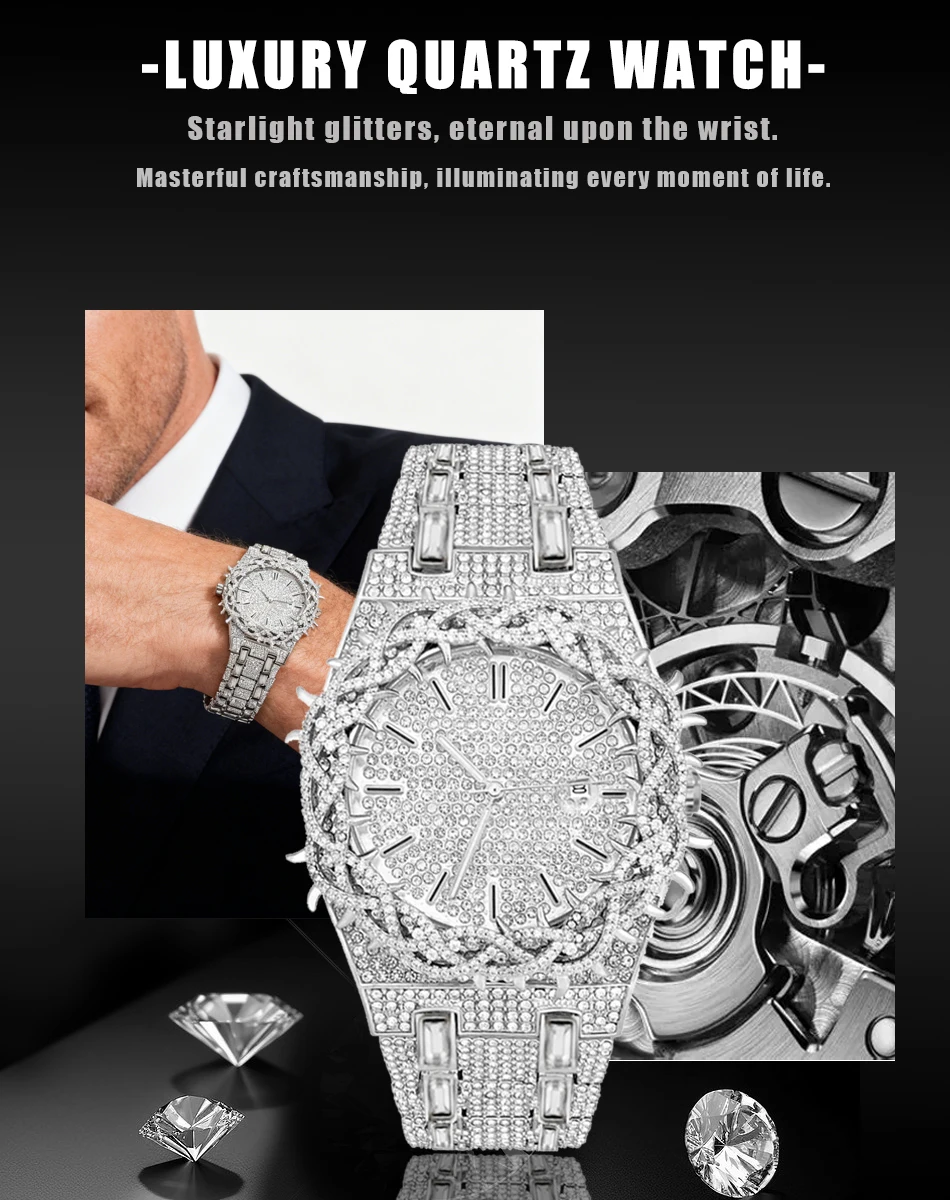 Luxury Full Diamond Men's Quartz Watch Thorn Bracelet Hip Hop Style Date Display with Luminous Function Men Business Wristwatch