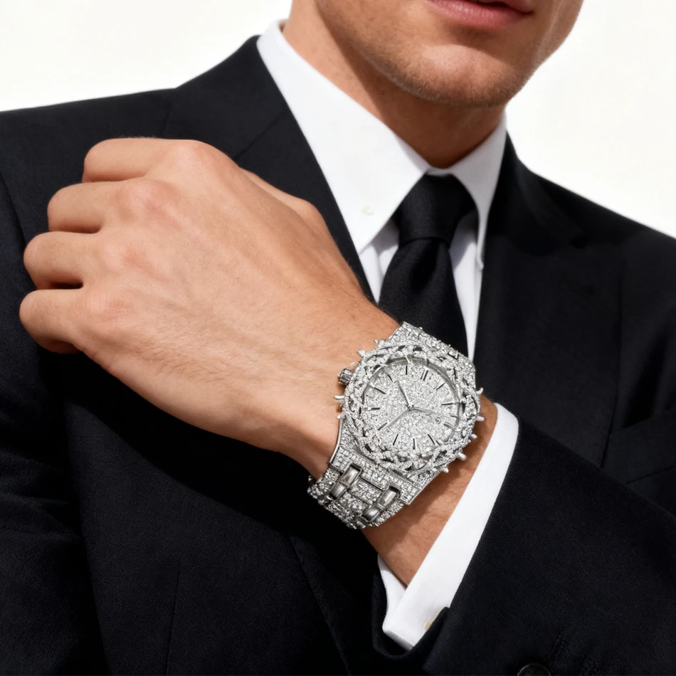 Luxury Full Diamond Men's Quartz Watch Thorn Bracelet Hip Hop Style Date Display with Luminous Function Men Business Wristwatch