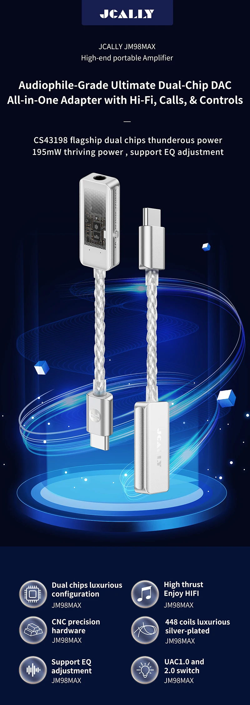 Upgraded JCALLY JM98Max Headphone Amplifier USB-C to 3.5mm Dual-Chip Decoder CS43198 Earphone Adapter Cable For iPhone Xiaomi