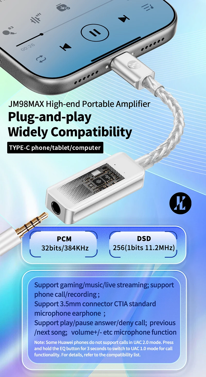 Upgraded JCALLY JM98Max Headphone Amplifier USB-C to 3.5mm Dual-Chip Decoder CS43198 Earphone Adapter Cable For iPhone Xiaomi