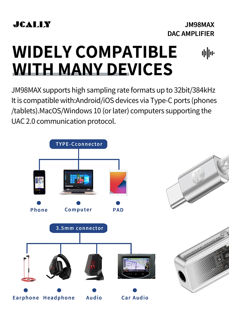 Upgraded JCALLY JM98Max Headphone Amplifier USB-C to 3.5mm Dual-Chip Decoder CS43198 Earphone Adapter Cable For iPhone Xiaomi
