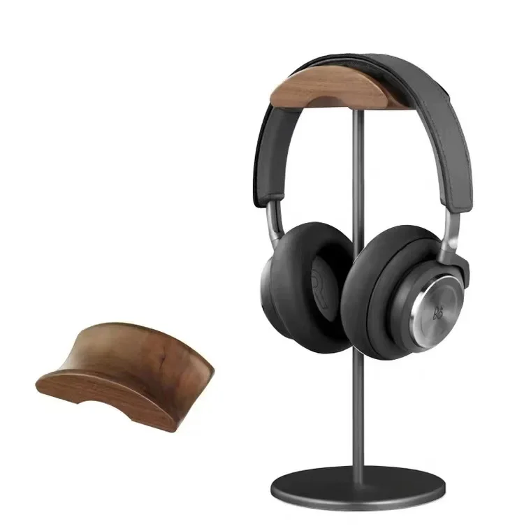 Black Walnut Wood & Aluminum Headphone Stand Nature Walnut Gaming Headset Holder with Solid Metal Base for Table Desk Display