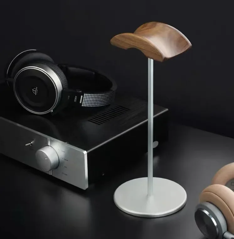 Black Walnut Wood & Aluminum Headphone Stand Nature Walnut Gaming Headset Holder with Solid Metal Base for Table Desk Display