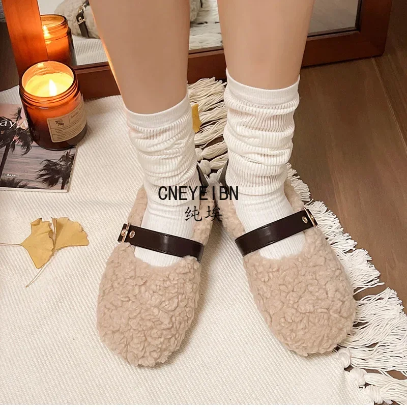Designer Vintage Women Warm Fur Flats Shoes Fashion Shallow Belt Buckle Spring Autumn Ladies Comfort Loafers Shoes