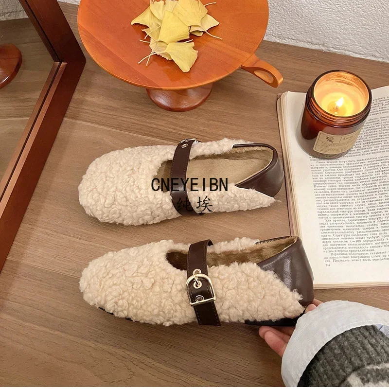 Designer Vintage Women Warm Fur Flats Shoes Fashion Shallow Belt Buckle Spring Autumn Ladies Comfort Loafers Shoes