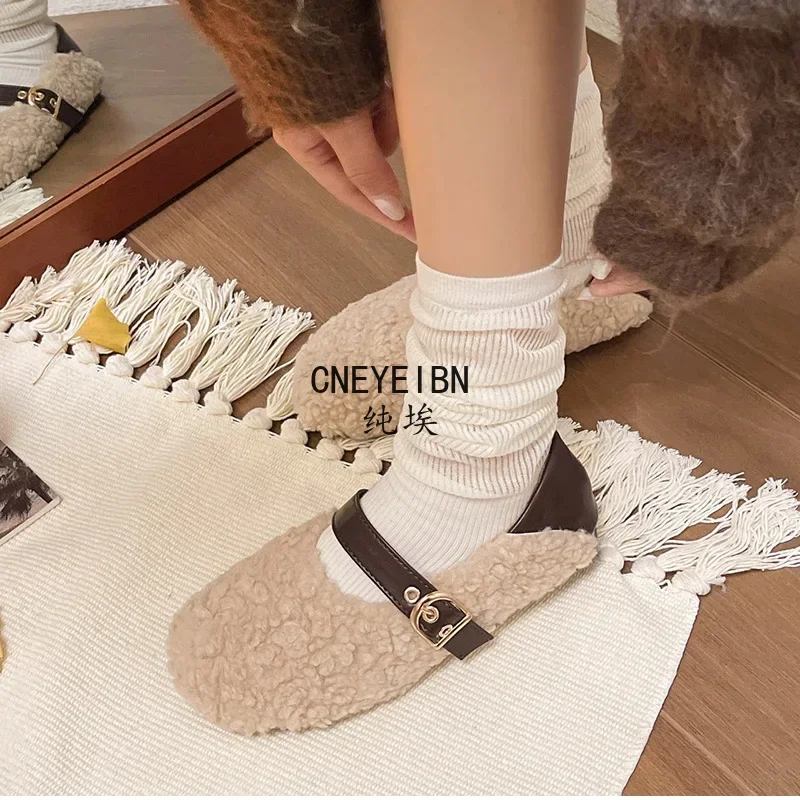 Designer Vintage Women Warm Fur Flats Shoes Fashion Shallow Belt Buckle Spring Autumn Ladies Comfort Loafers Shoes