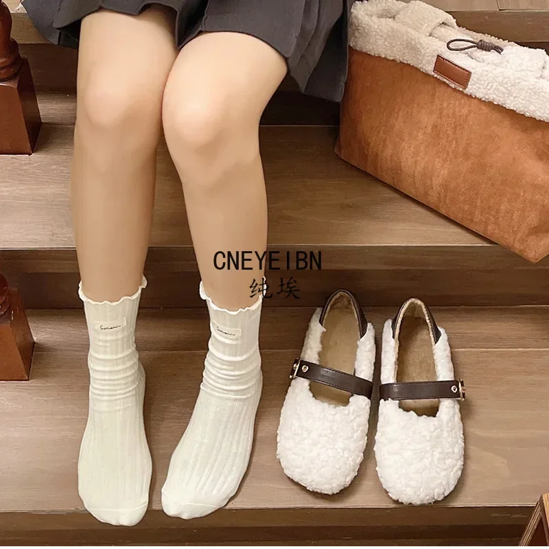 Designer Vintage Women Warm Fur Flats Shoes Fashion Shallow Belt Buckle Spring Autumn Ladies Comfort Loafers Shoes
