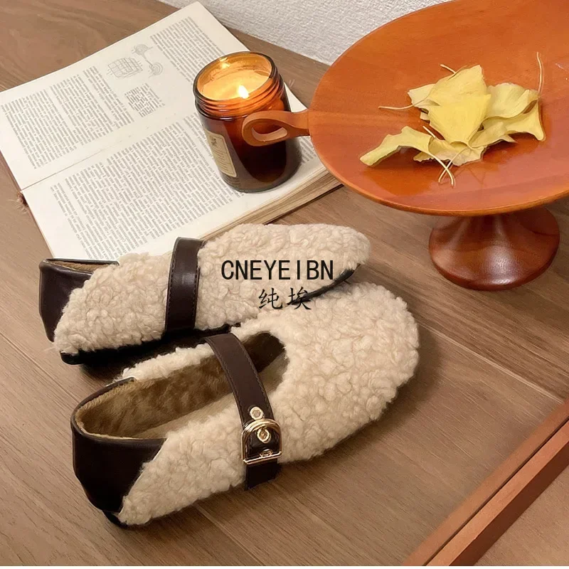 Designer Vintage Women Warm Fur Flats Shoes Fashion Shallow Belt Buckle Spring Autumn Ladies Comfort Loafers Shoes