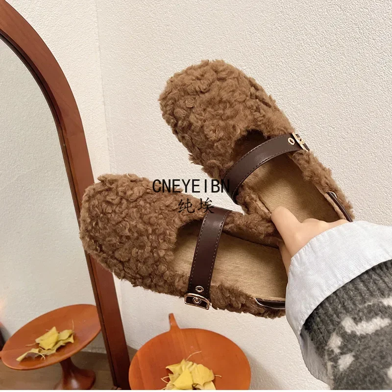 Designer Vintage Women Warm Fur Flats Shoes Fashion Shallow Belt Buckle Spring Autumn Ladies Comfort Loafers Shoes