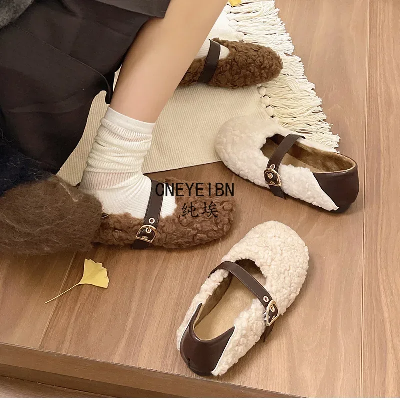Designer Vintage Women Warm Fur Flats Shoes Fashion Shallow Belt Buckle Spring Autumn Ladies Comfort Loafers Shoes