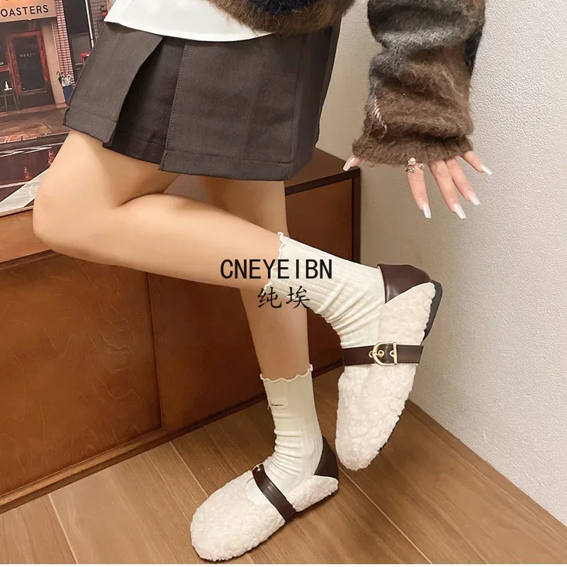 Designer Vintage Women Warm Fur Flats Shoes Fashion Shallow Belt Buckle Spring Autumn Ladies Comfort Loafers Shoes