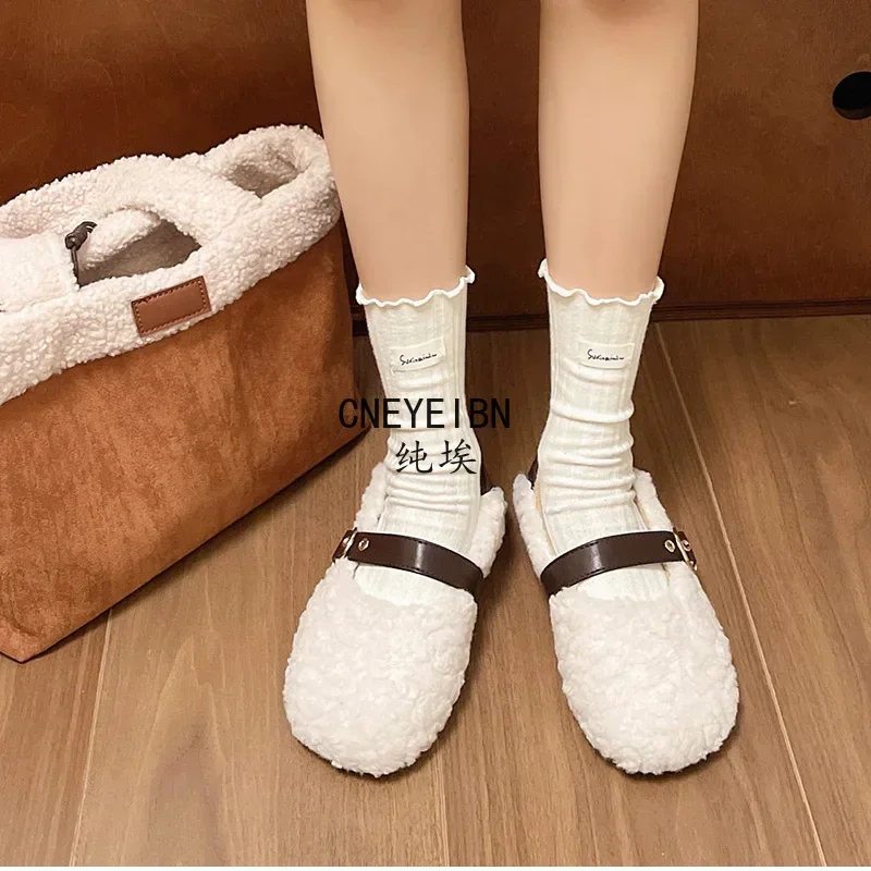 Designer Vintage Women Warm Fur Flats Shoes Fashion Shallow Belt Buckle Spring Autumn Ladies Comfort Loafers Shoes