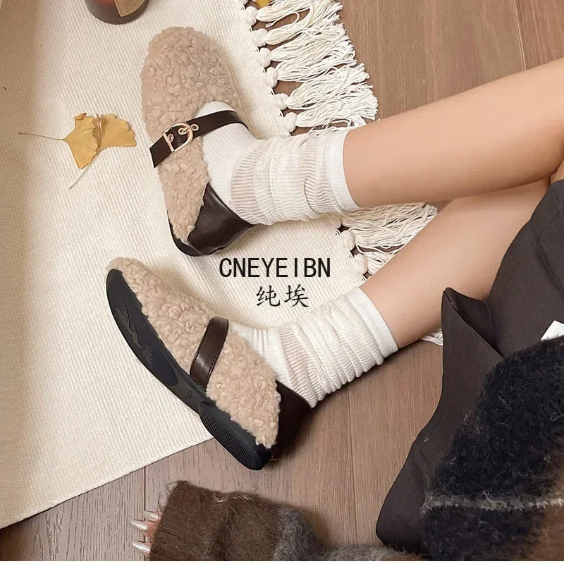 Designer Vintage Women Warm Fur Flats Shoes Fashion Shallow Belt Buckle Spring Autumn Ladies Comfort Loafers Shoes