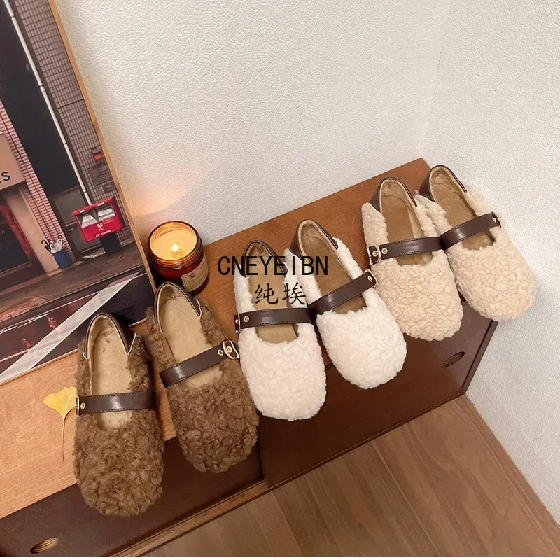 Designer Vintage Women Warm Fur Flats Shoes Fashion Shallow Belt Buckle Spring Autumn Ladies Comfort Loafers Shoes