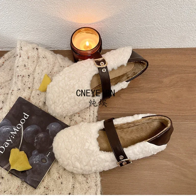 Designer Vintage Women Warm Fur Flats Shoes Fashion Shallow Belt Buckle Spring Autumn Ladies Comfort Loafers Shoes
