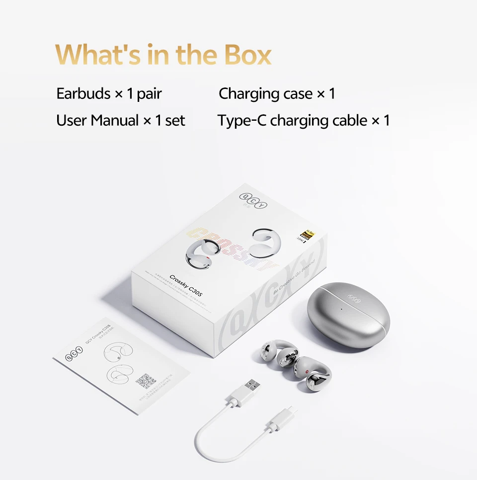 QCY Crossky C30S Open Ear Wireless Earphones Hi-Res with LDAC Ear Clip Earbuds Bluetooth 6.0 Clip On OWS Sports Headphones 40Hrs
