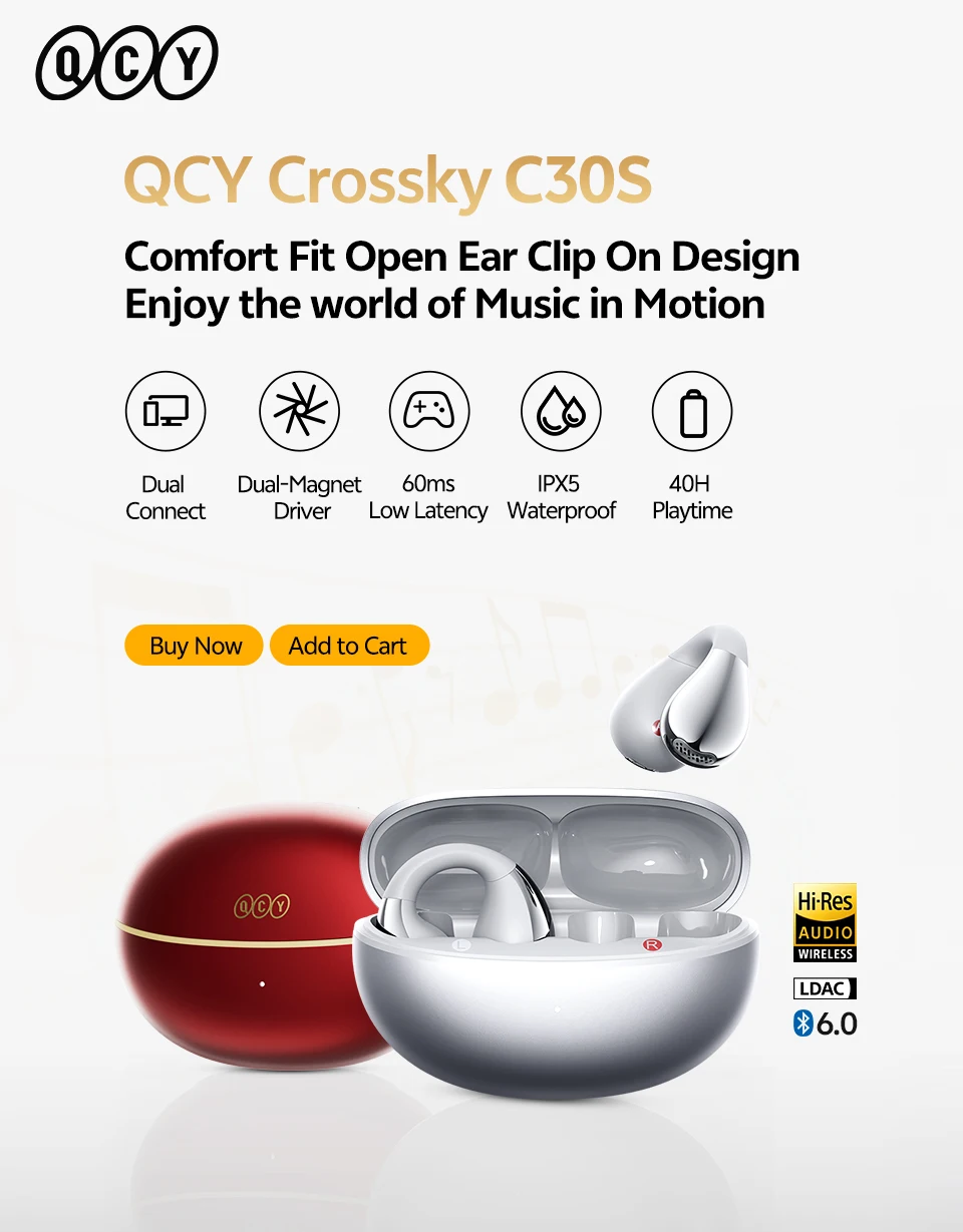 QCY Crossky C30S Open Ear Wireless Earphones Hi-Res with LDAC Ear Clip Earbuds Bluetooth 6.0 Clip On OWS Sports Headphones 40Hrs