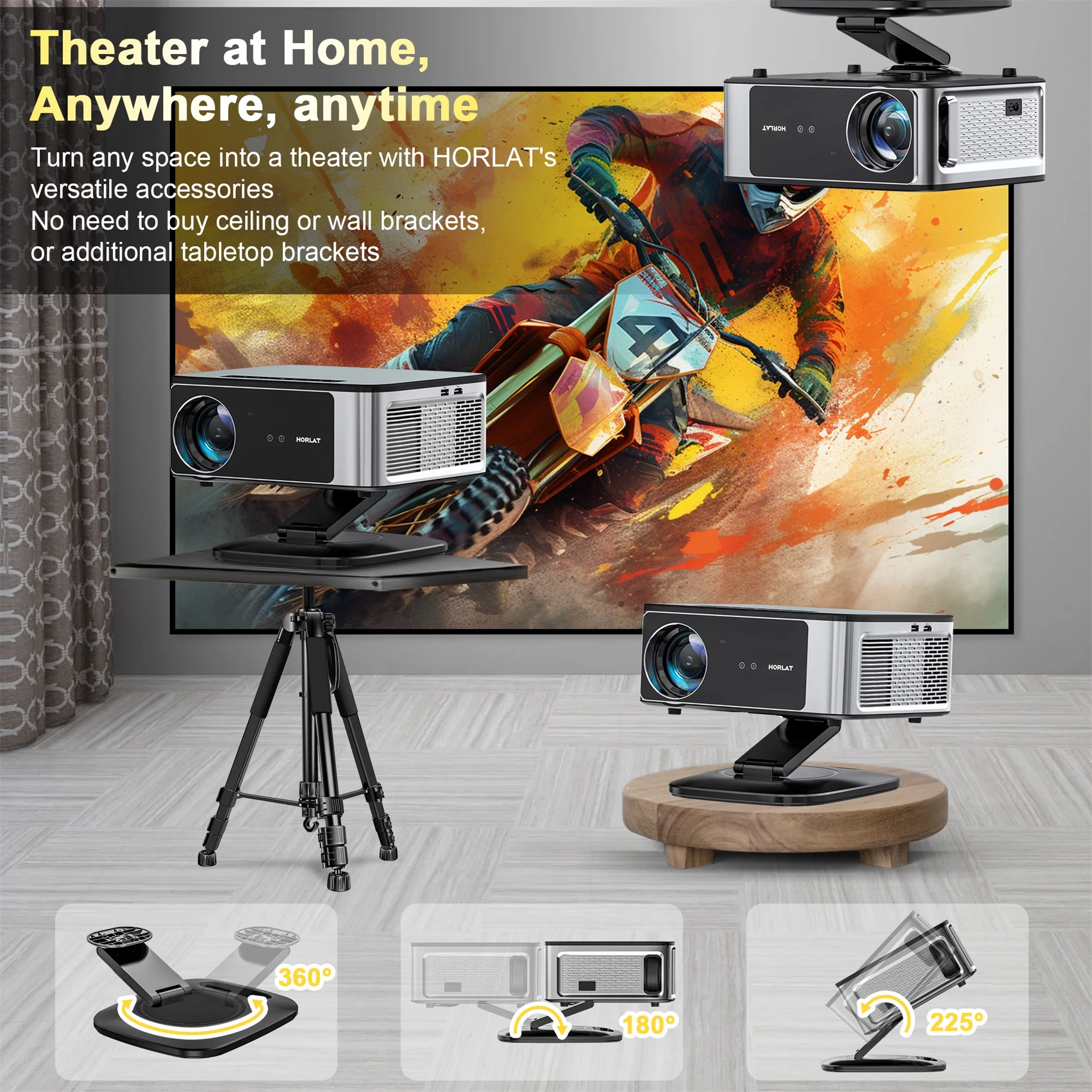 2026 HORLAT 45000 Lumens 4K Ultra HD Projector TOF Focus Android 14 WiFi 6 1080P Full HD Daylight Home Theater Movie Projector