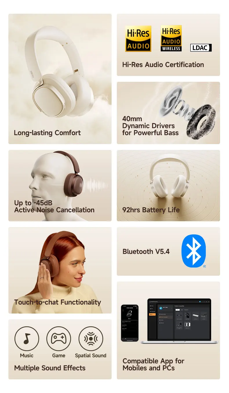 Edifier ES850NB Wireless Headphone Noise Cancelling Bluetooth Earphones Hi-Res Wireless Over-Ear Headphones with Carry Bag