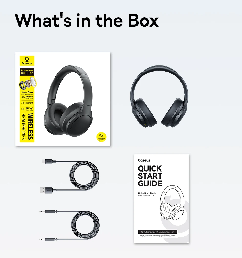 Baseus BH1 Lite Wireless Headphones Bluetooth 6.0 ENC Clear Call Headsets Super Bass Hit Earphones 80H Playtime Over Ear Headset