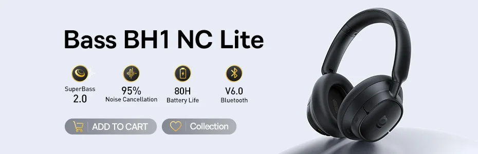 Baseus BH1 Lite Wireless Headphones Bluetooth 6.0 ENC Clear Call Headsets Super Bass Hit Earphones 80H Playtime Over Ear Headset