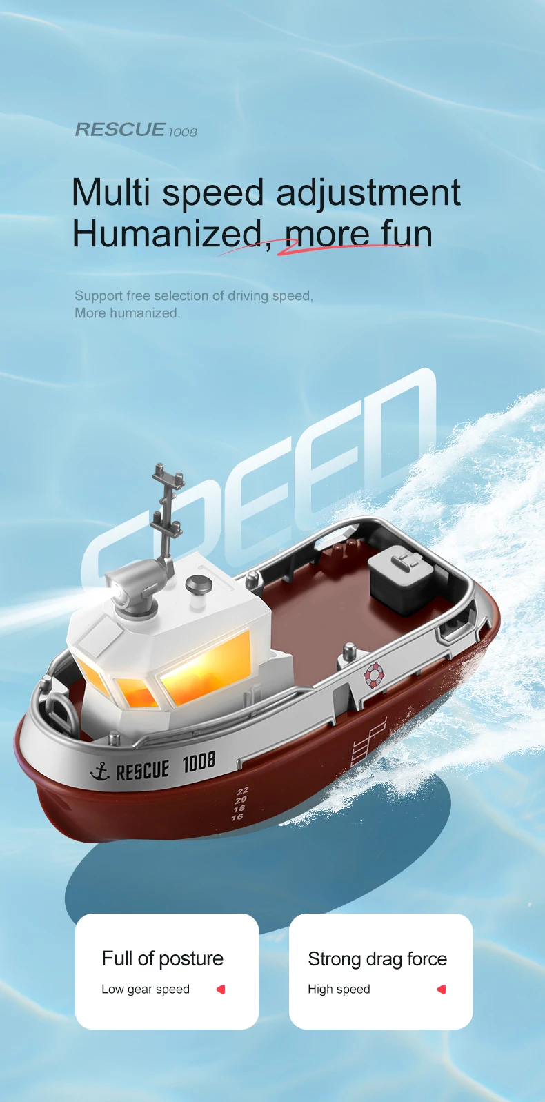 ZWN 1/32 RC Boat With Lights Powerful Dual Motor 2.4G Long Range Wireless Remote Controlled Tugboat Model Toy for Boy Girl Gifts