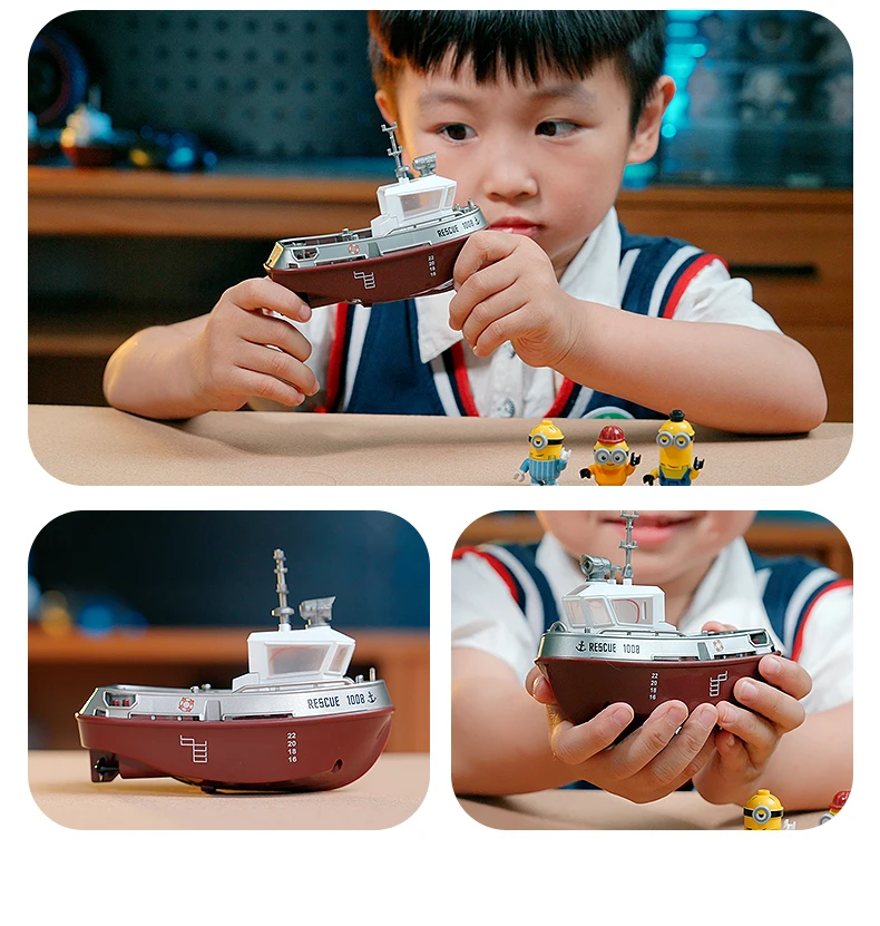 ZWN 1/32 RC Boat With Lights Powerful Dual Motor 2.4G Long Range Wireless Remote Controlled Tugboat Model Toy for Boy Girl Gifts