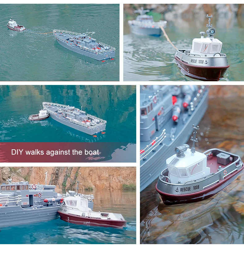 ZWN 1/32 RC Boat With Lights Powerful Dual Motor 2.4G Long Range Wireless Remote Controlled Tugboat Model Toy for Boy Girl Gifts
