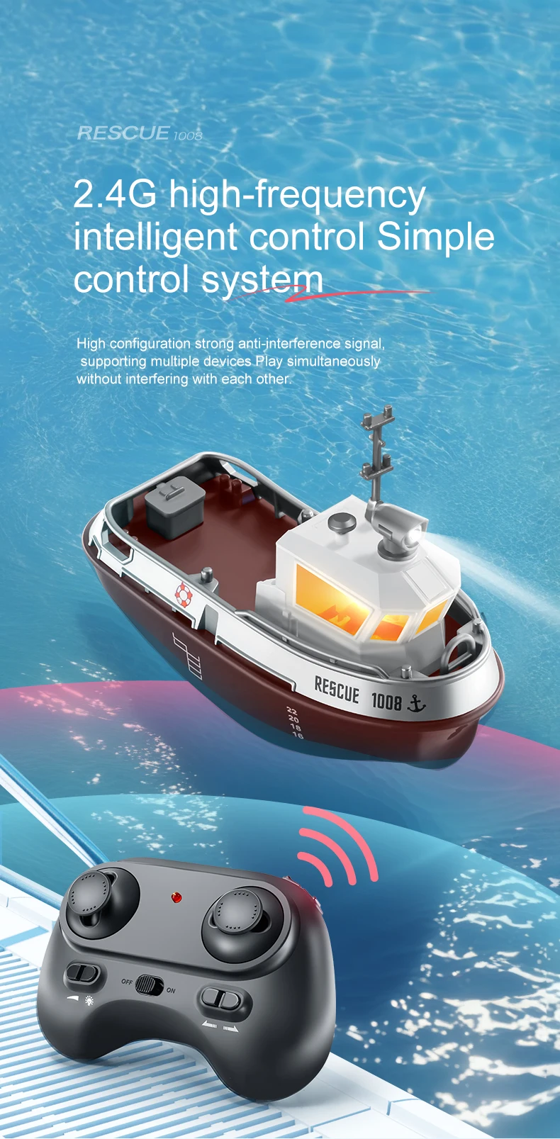 ZWN 1/32 RC Boat With Lights Powerful Dual Motor 2.4G Long Range Wireless Remote Controlled Tugboat Model Toy for Boy Girl Gifts
