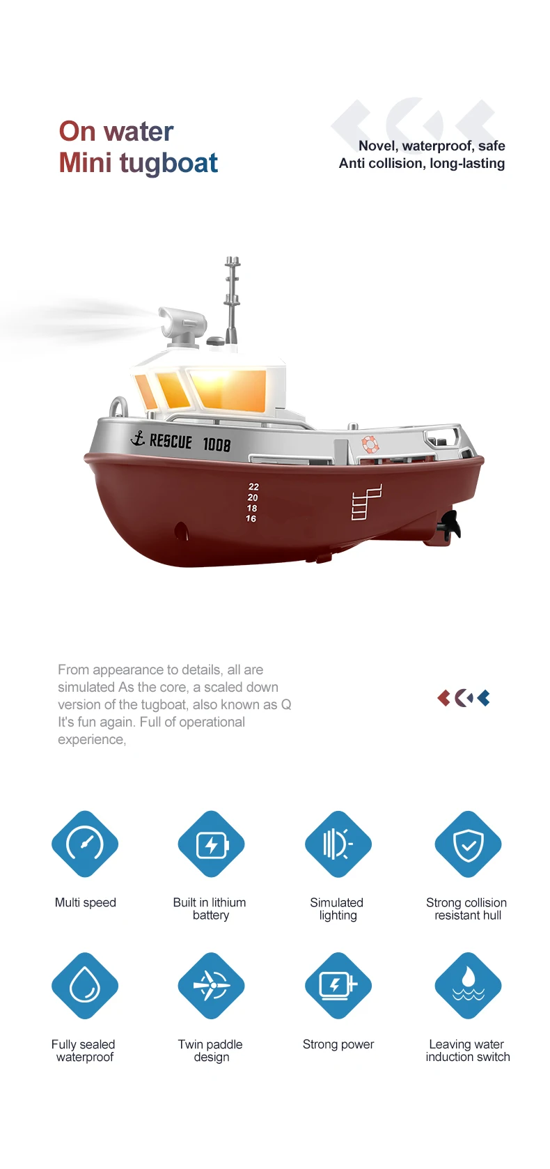 ZWN 1/32 RC Boat With Lights Powerful Dual Motor 2.4G Long Range Wireless Remote Controlled Tugboat Model Toy for Boy Girl Gifts