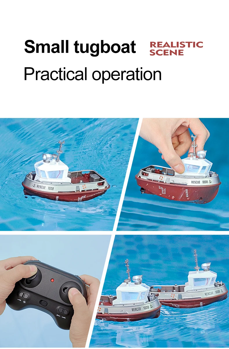 ZWN 1/32 RC Boat With Lights Powerful Dual Motor 2.4G Long Range Wireless Remote Controlled Tugboat Model Toy for Boy Girl Gifts