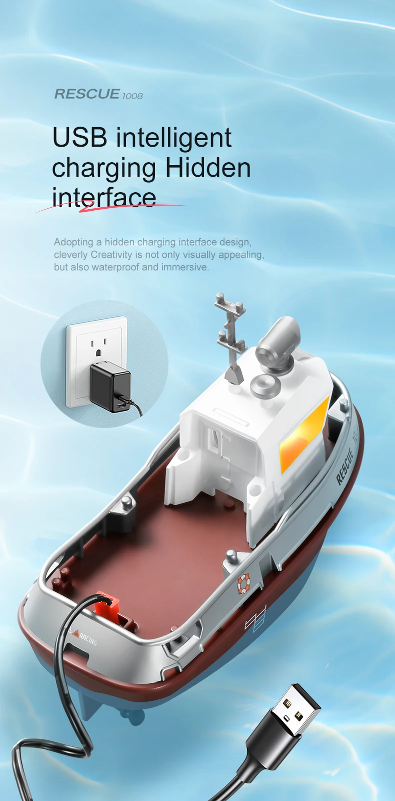 ZWN 1/32 RC Boat With Lights Powerful Dual Motor 2.4G Long Range Wireless Remote Controlled Tugboat Model Toy for Boy Girl Gifts