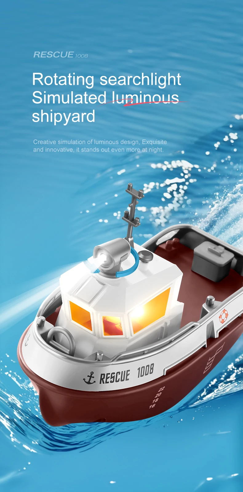 ZWN 1/32 RC Boat With Lights Powerful Dual Motor 2.4G Long Range Wireless Remote Controlled Tugboat Model Toy for Boy Girl Gifts