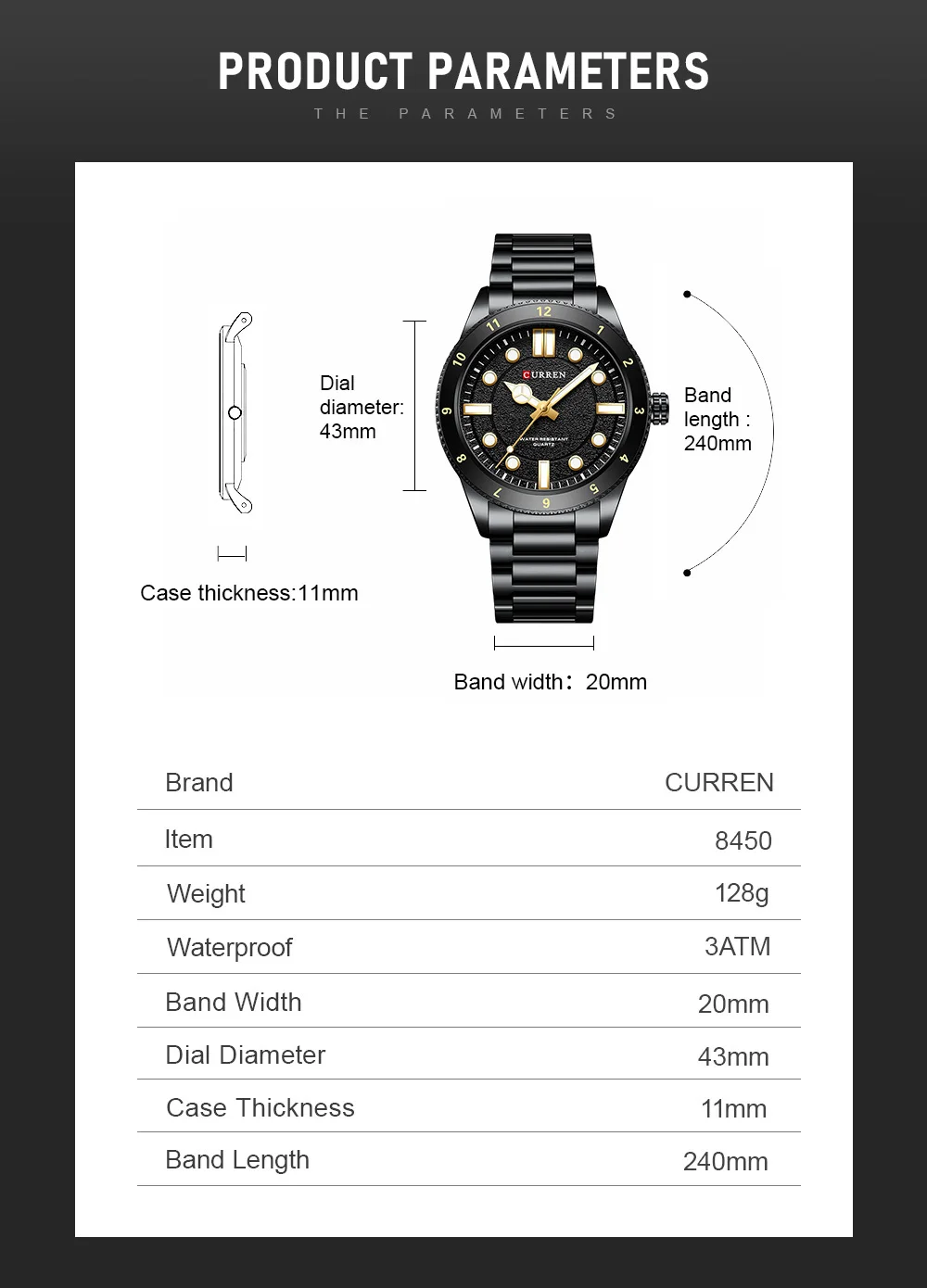 CURREN 8450 Military Sport Watch Men's Night Light Waterproof Steel Strip Quartz Men's Business Leisure Watch Relogios Masculino