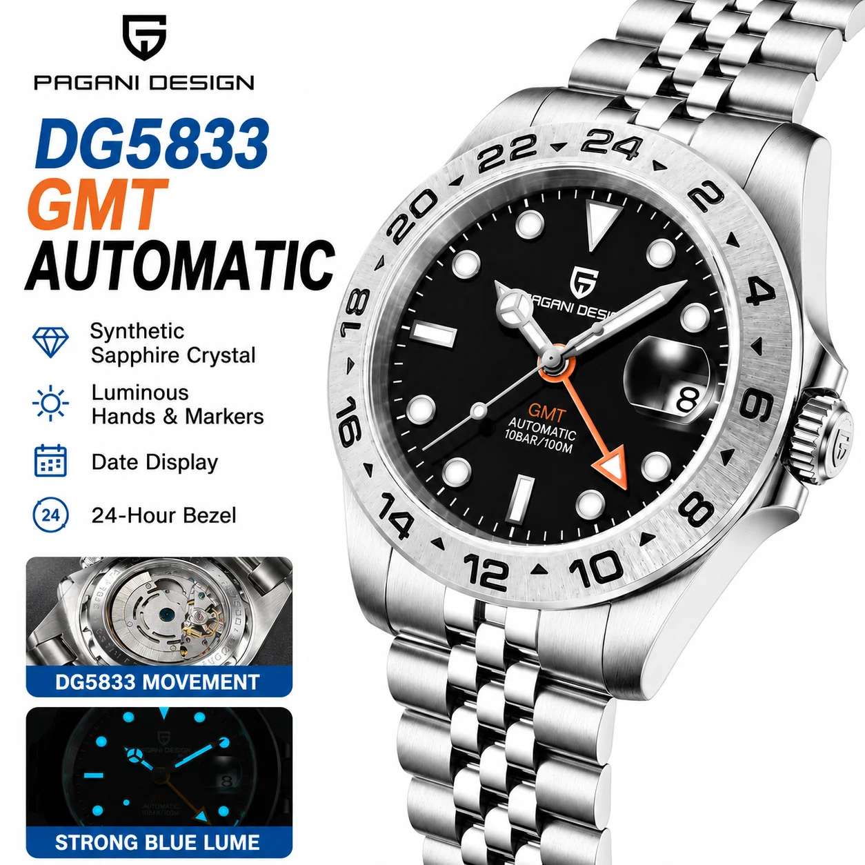 2026 PAGANI Design New Men's Automatic Mechanical Watches GMT Watch 42mm Sapphire Stainless Steel Waterproof Watch Reloj Hombre
