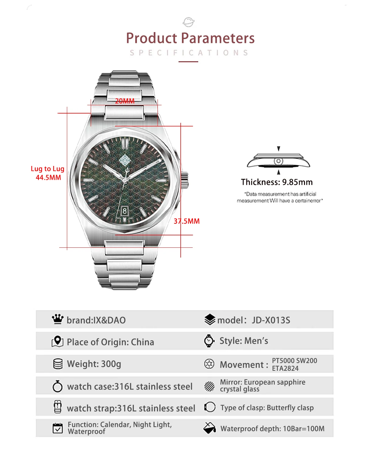 IX&DAO 2026 New 37mm Warrior Men's Automatic Mechanical Watch PT5000 Movement Sapphire Stainless Steel Waterproof 10Bar BGW9