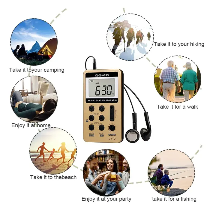 Retekess V112 Radio Mini Pocket Radio Receiver Portable Radios AM FM Rechargeble Sleep Time Earphone For Walkman Go Hiking
