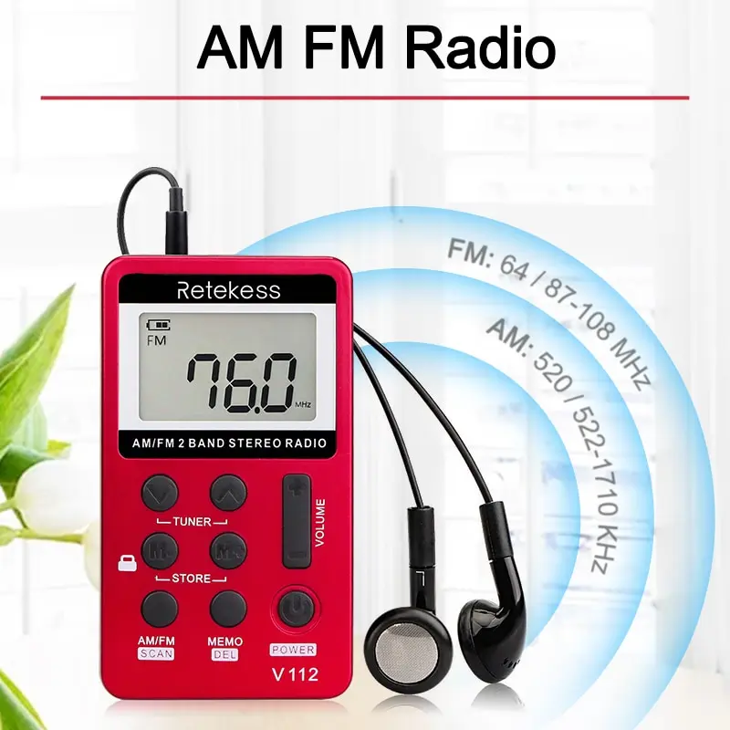 Retekess V112 Radio Mini Pocket Radio Receiver Portable Radios AM FM Rechargeble Sleep Time Earphone For Walkman Go Hiking