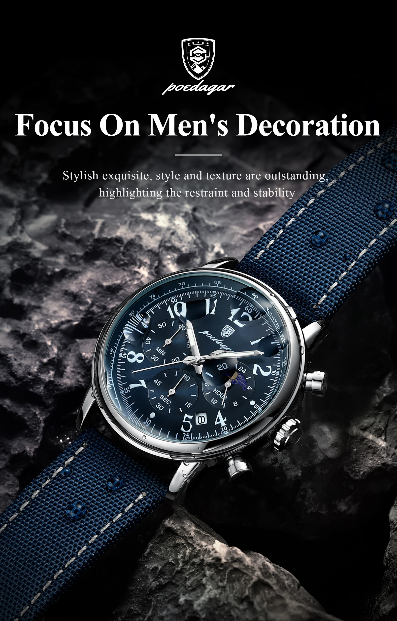 POEDAGAR Luxury Sports Military Men Watch Waterproof Luminous Chronograph Nylon Leather Date Man Wristwatch Quartz Men's Watches