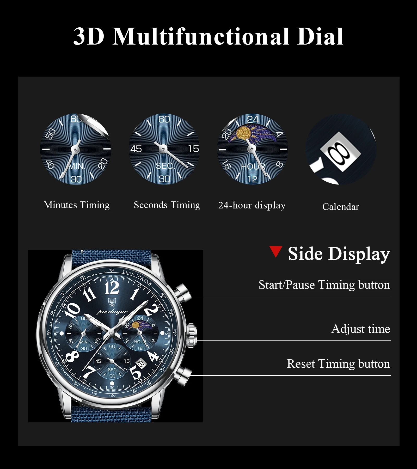 POEDAGAR Luxury Sports Military Men Watch Waterproof Luminous Chronograph Nylon Leather Date Man Wristwatch Quartz Men's Watches