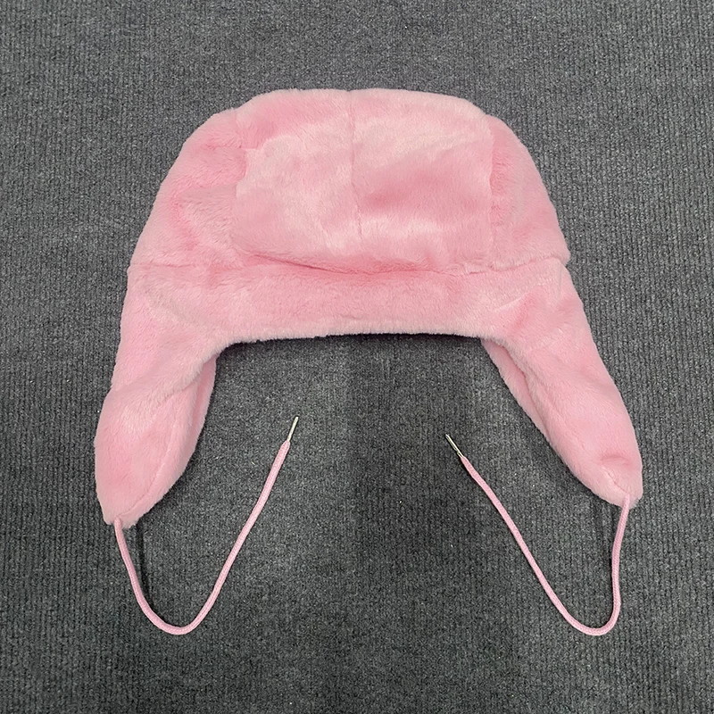 Domokun Pink Cartoon DesignEmbroidery Warm Coral Velvet Lei Feng Hat Autumn Winter Outdoor Ear Protection