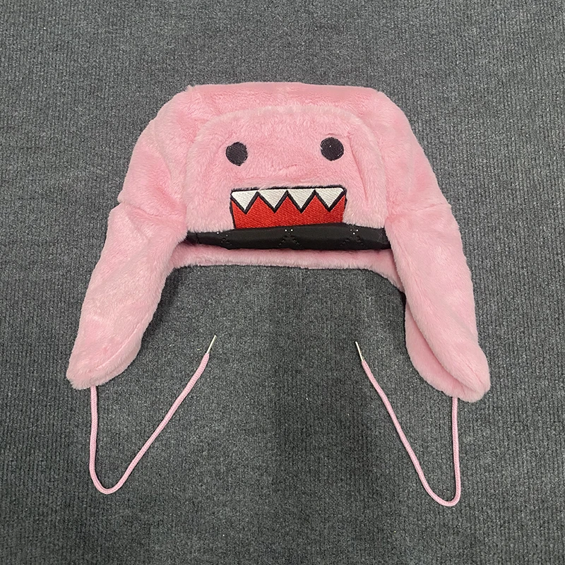 Domokun Pink Cartoon DesignEmbroidery Warm Coral Velvet Lei Feng Hat Autumn Winter Outdoor Ear Protection
