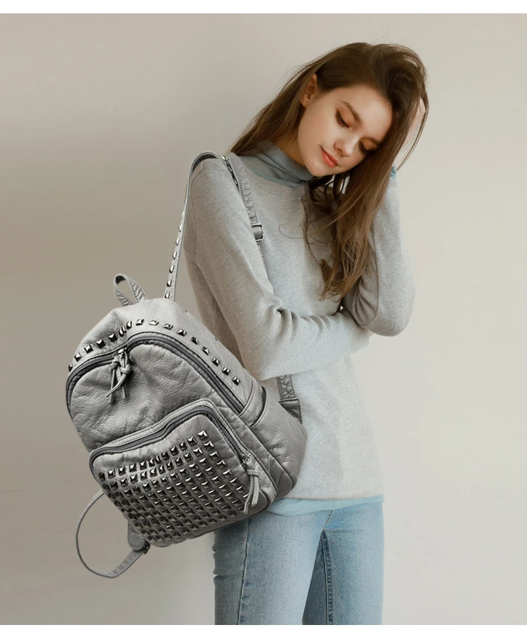 2025 New Super Cool Rivets Soft PU Fashion Backpacks Solid Zipper Large Capacity High Quality Designer Style Backpacks for Women