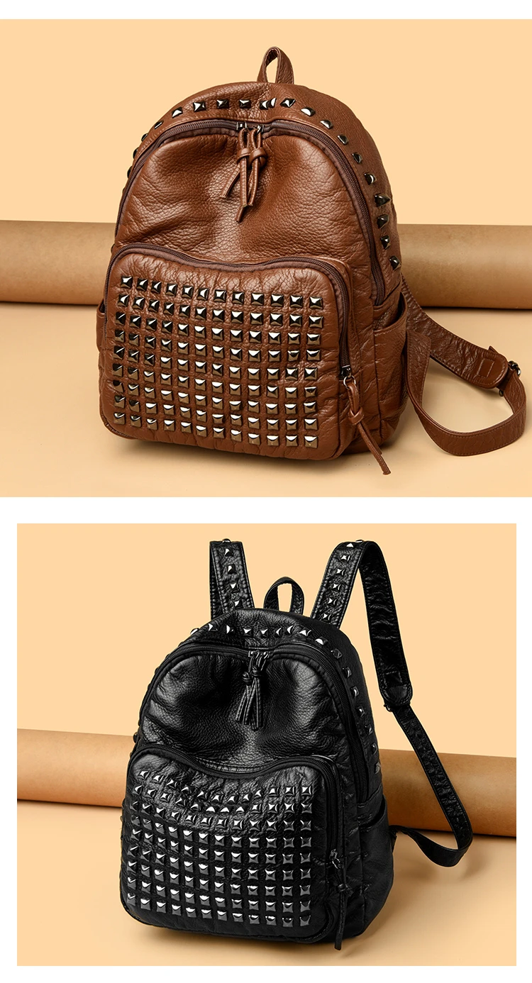 2025 New Super Cool Rivets Soft PU Fashion Backpacks Solid Zipper Large Capacity High Quality Designer Style Backpacks for Women