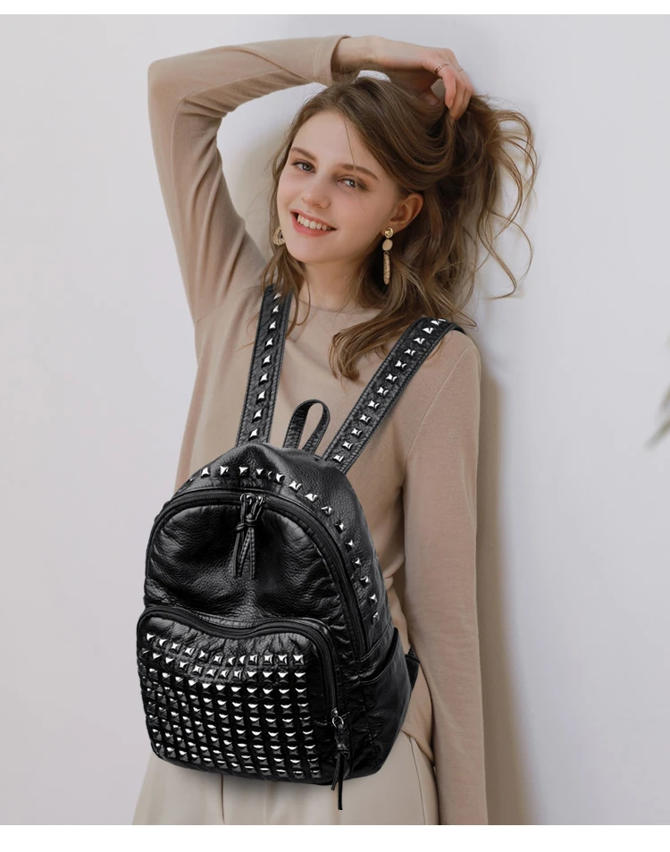 2025 New Super Cool Rivets Soft PU Fashion Backpacks Solid Zipper Large Capacity High Quality Designer Style Backpacks for Women