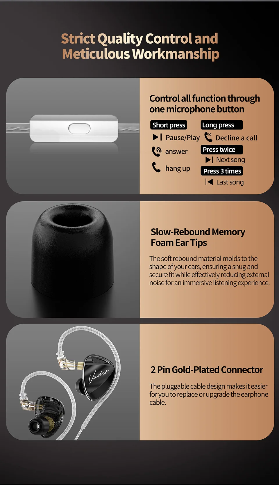 KZ Vader 3 Dynamic Driver IEM In-Ear Monitor Triple 8mm DD Crossover 4-Level Tuning Switch 0.75mm 2-Pin Cable 3.5mm HiFi
