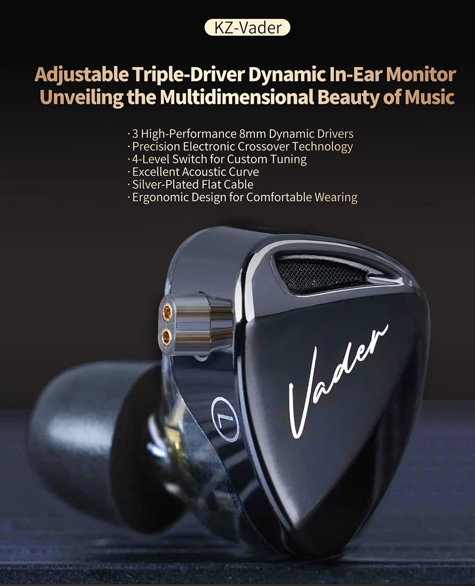 KZ Vader 3 Dynamic Driver IEM In-Ear Monitor Triple 8mm DD Crossover 4-Level Tuning Switch 0.75mm 2-Pin Cable 3.5mm HiFi